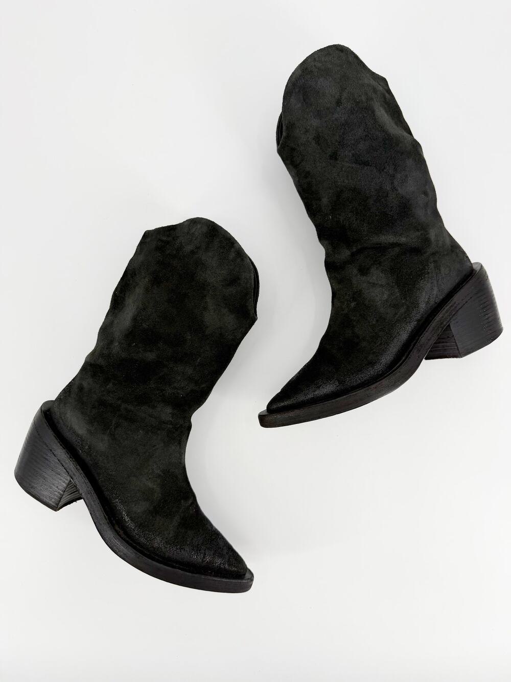 Marsell Black Suede Slouchy Mid Calf Block Heel Boots Size 37.5 EU 7.5 Distress